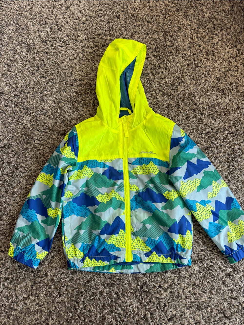 Eddie Bauer Neon Yellow Hooded Kids Rain Jacket with Blue & Green Pattern